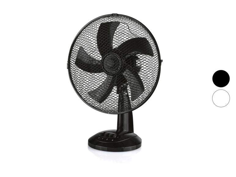 Ein schwarzer Tischventilator mit fünf Flügeln.