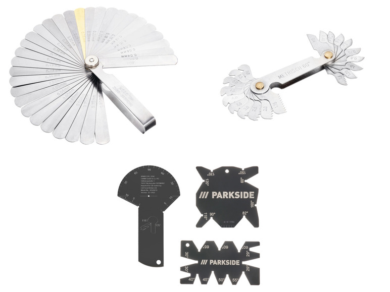 Ein Satz mit Messwerkzeugen für den Innendurchmesser, Außendurchmesser und Winkel, inklusive Parkside Werkzeug.