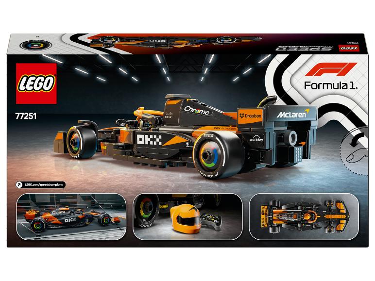 LEGO Speed Champions Formel 1 Box mit einem orange-schwarzen McLaren Rennwagen.