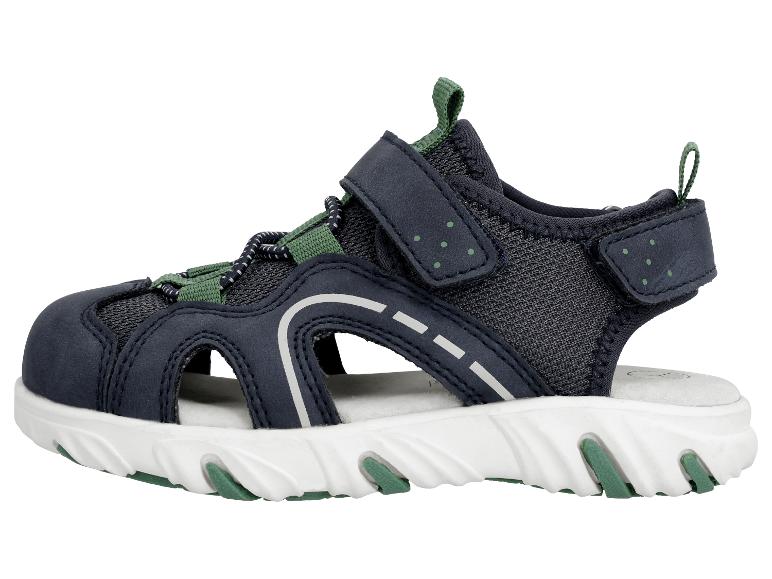 Dunkelblaue Kindersandalen mit grünen Akzenten und weißer Sohle.