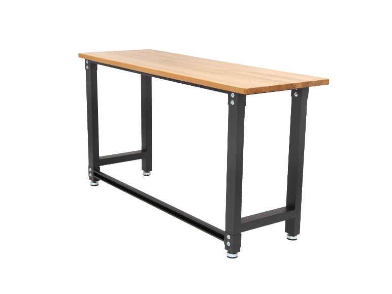Lange Werkbank mit Holzplatte und schwarzem Metallrahmen