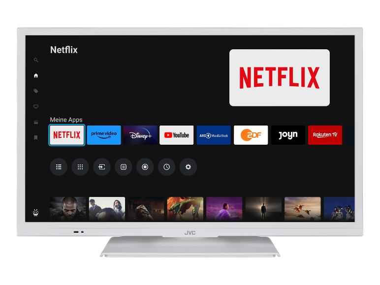 Ein weißer JVC-Fernseher mit Netflix, Amazon Prime Video und Disney+ Apps.