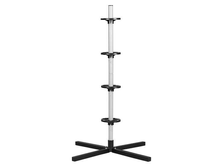 Höhenverstellbarer Displayständer mit schwarzem X-förmigem Fuß.