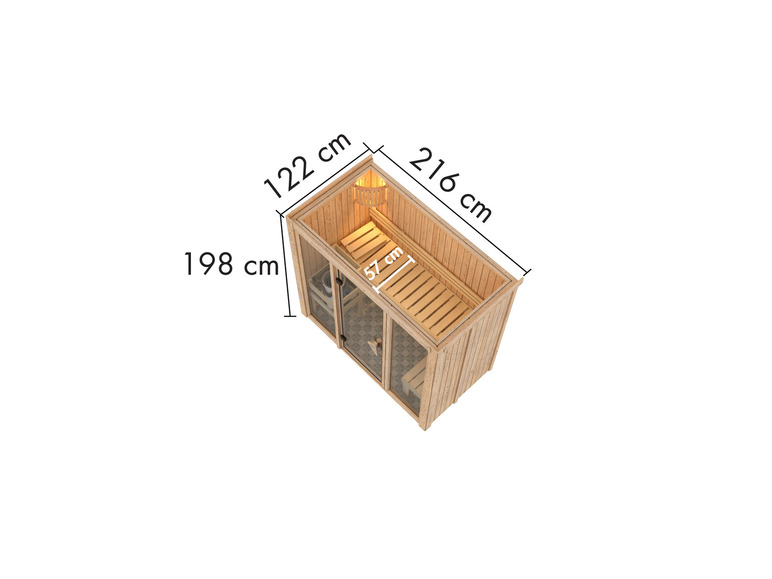 Eine Holzsauna mit Glastüren und einer Bank.