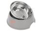 Grauer Futternapf mit herausnehmbarem Edelstahleinsatz und rosa Herzverzierungen.