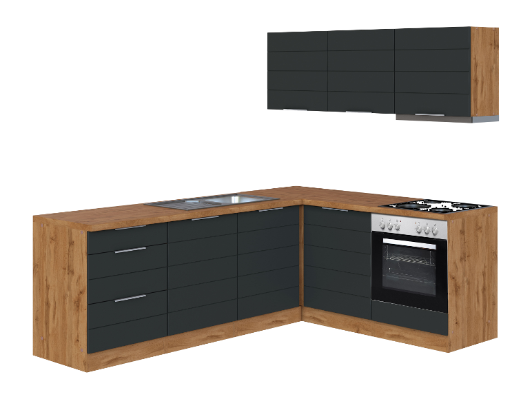 Moderne Küche mit dunkelgrauen Schränken und Holzausführung.