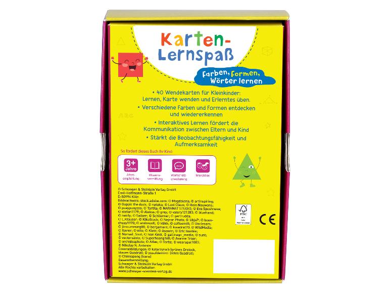 Pädagogisches Kartenspiel für Kinder mit Formen, Farben und Wörtern.
