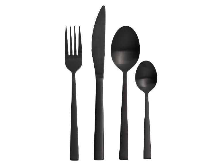 Schwarzes Besteckset mit Gabel, Messer, Esslöffel und Teelöffel.