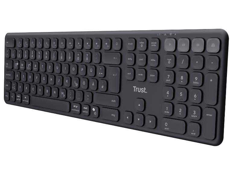 Dunkelgraue kabellose Tastatur mit deutschem Layout und Ziffernblock.