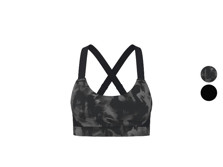 Grau-schwarzer Sport-BH mit Camouflage-Muster und überkreuzten Trägern.