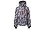 Graue und schwarze gemusterte Skijacke mit orangefarbenen Akzenten.