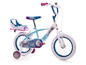 Ein blaues Frozen Kinderfahrrad mit Stützrädern.