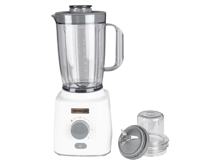 Ein weißer Kenwood-Mixer mit Glaskanne und einem kleineren Mixbecher.