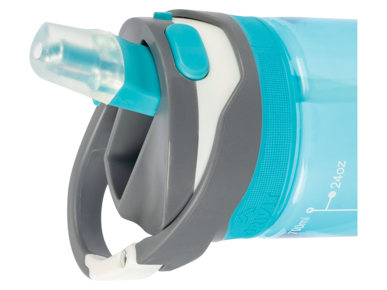 Blaue Wasserflasche mit einem Trinkhalm und einem Griff.