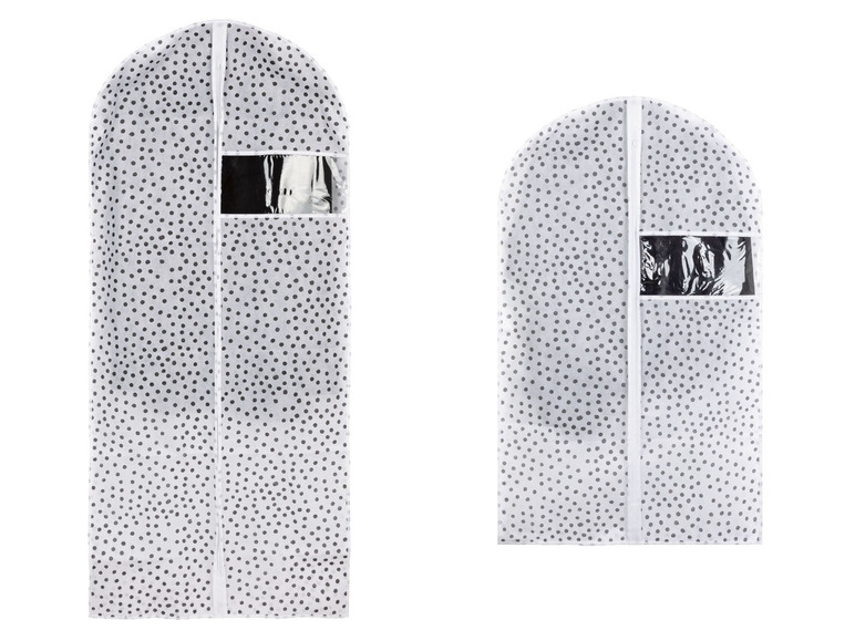 Zwei Kleiderschutzhüllen mit Reißverschluss, mit weißen Punkten auf grauem Hintergrund.
