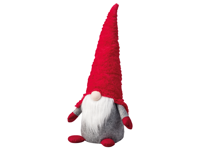 Weihnachtlicher Dekozwerg mit roter Mütze, weißem Bart und grauem Körper.