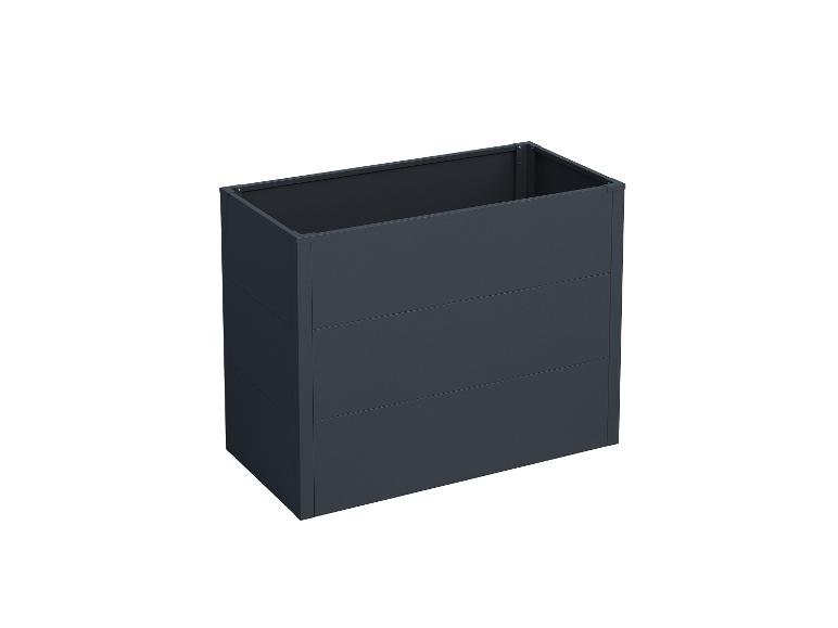 Dunkelgrauer rechteckiger Metall-Pflanzkübel.