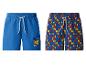 Zwei Herren-Badeshorts: eine blaue mit Logo und eine mit bunten geometrischen Mustern.
