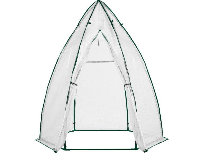 Begehbares Gewächshaus mit transparenter Abdeckung und grünem Rahmen, vorne offen