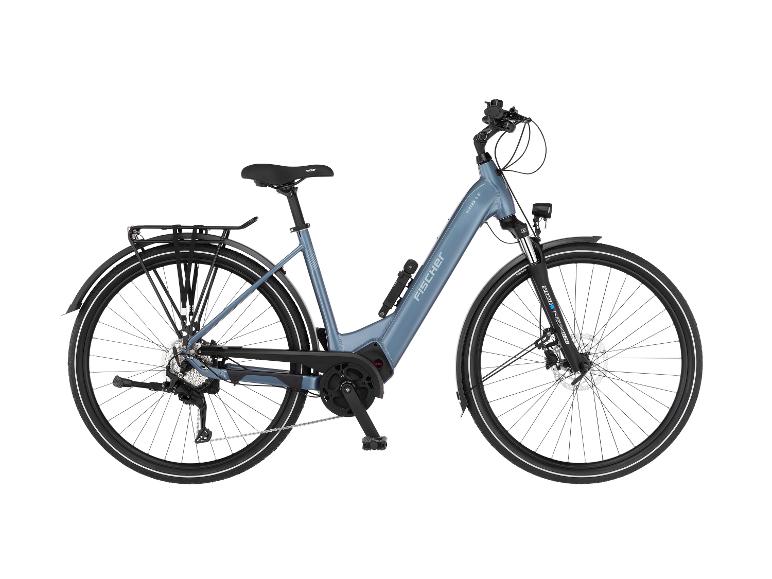 Graues City-E-Bike mit Gepäckträger und Federgabel.