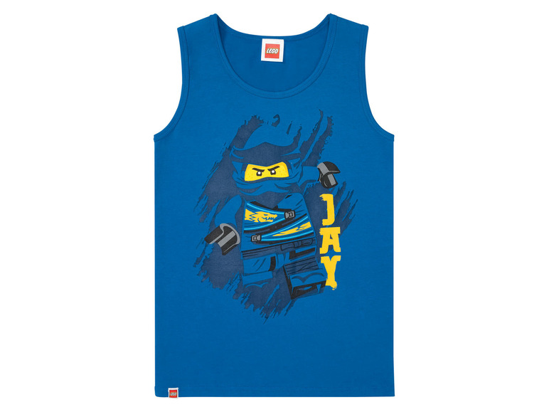 Ein blaues LEGO Ninjago Tanktop mit Jay darauf.