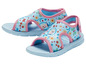 Zwei Paar blaue Sandalen mit rosa Details und Frozen-Druck.
