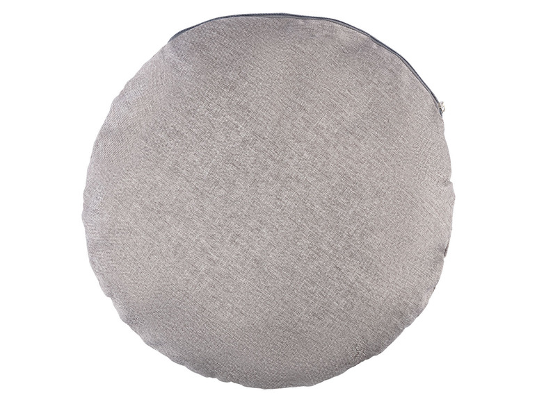 Grauer runder Kissen mit Reißverschluss.