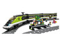 LEGO Zug mit grünem Hochgeschwindigkeitszug und Bahnsteig.