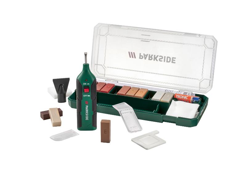PARKSIDE Laminat- und Parkett-Reparaturset mit Schmelzstift und Wachsstiften in verschiedenen Farben.