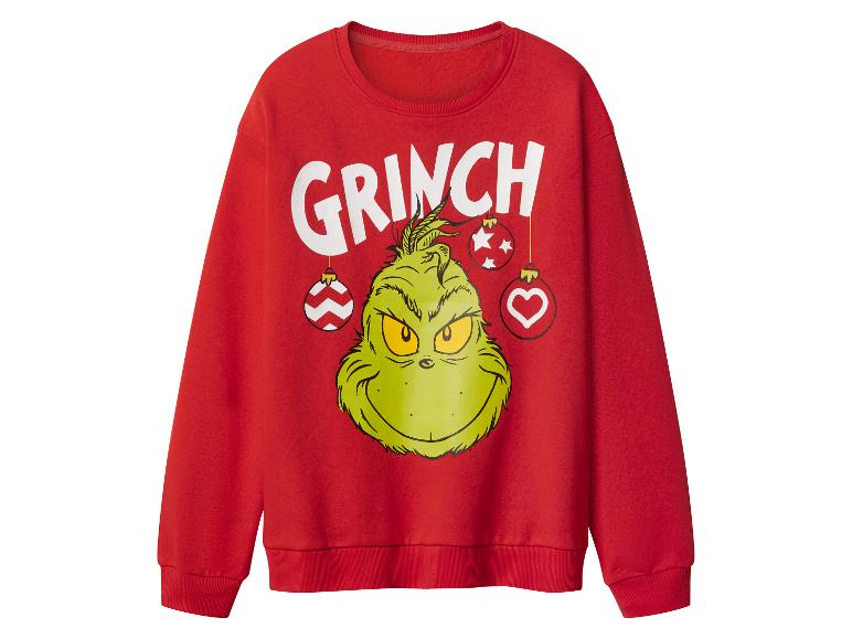Rotes Sweatshirt mit Grinch-Aufdruck und Weihnachtsornamenten