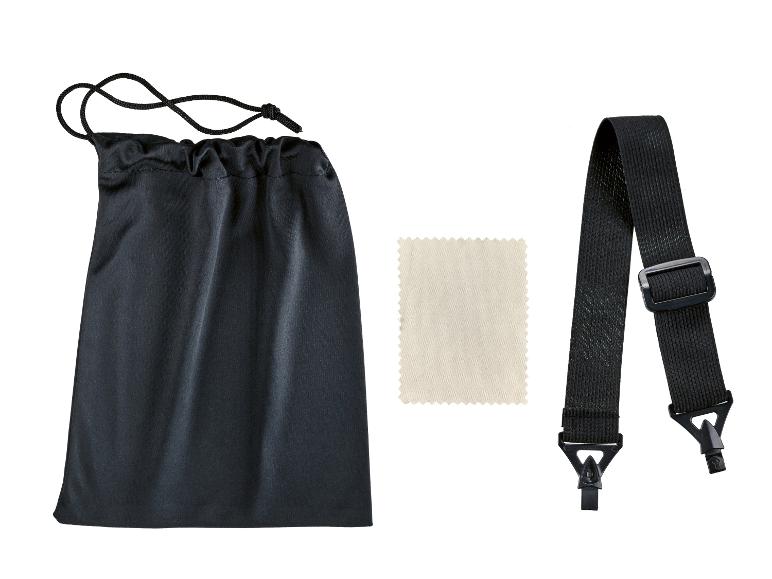 Schwarzer Kordelzugbeutel, Reinigungstuch und schwarzer Riemen.