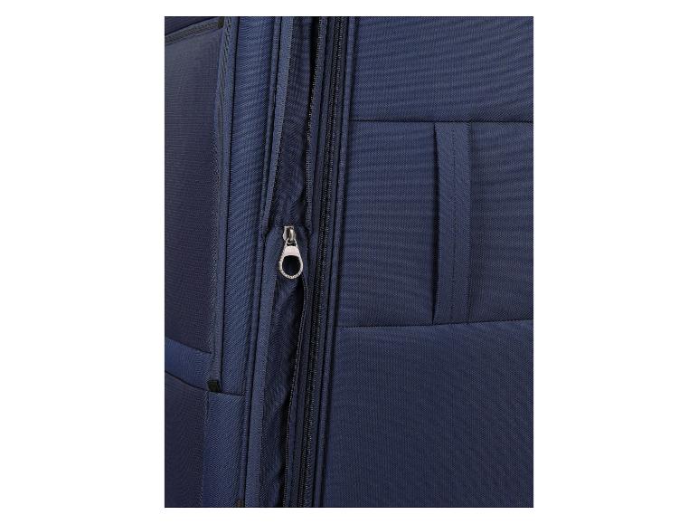 Nahaufnahme eines blauen Koffers mit Reißverschluss und Zipper.