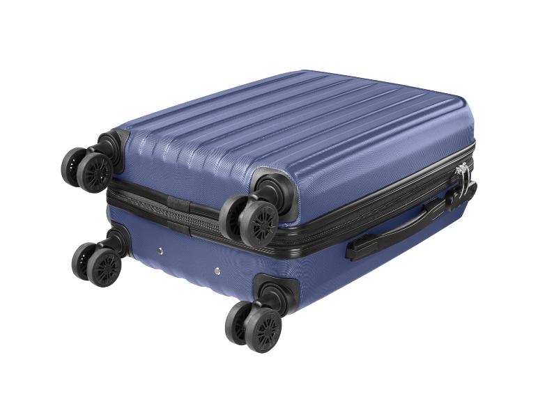 Blauer Hartschalenkoffer mit vier Doppelrollen und Reißverschluss.