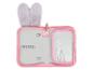 Offenes rosa Federmäppchen mit grauen Plüschohren, Gummischlaufen und einer transparenten Tasche.