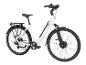 Weißes E-Bike mit schwarzen Schutzblechen und Gepäckträger, Seitenansicht.