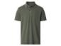 Dunkelgrünes Poloshirt mit weiß gestreiftem Kragen und Ärmelbündchen.