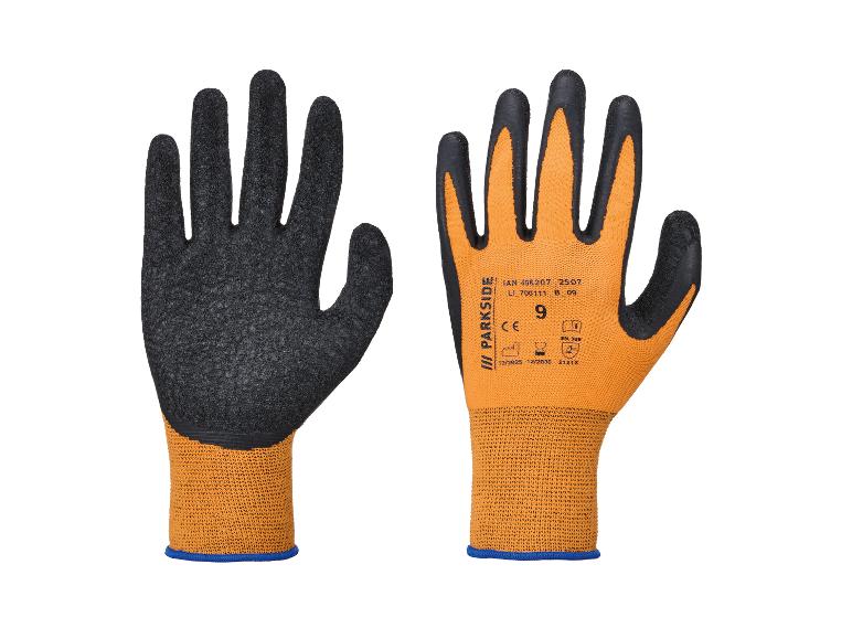 Ein Paar orange-schwarze PARKISDE Arbeitshandschuhe mit rauer Oberfläche