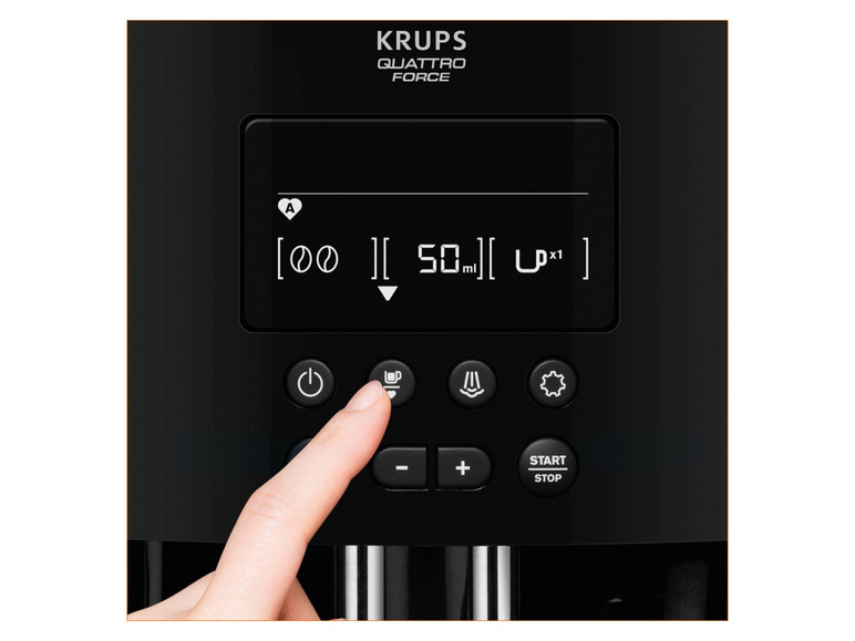 Eine KRUPS Quattro Force Kaffeemaschine mit Touchscreen.