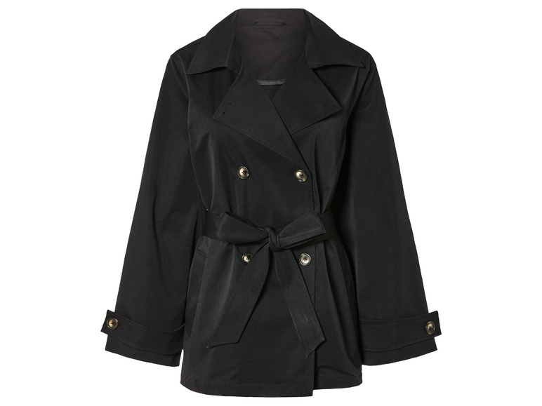 Ein schwarzer Trenchcoat mit Gürtel.