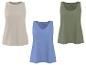 Drei ärmellose Damen-Tops in Beige, Blau und Olivgrün.