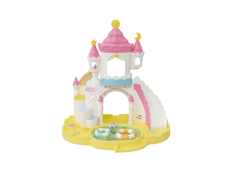 Rosa-weißes Spielzeugschloss mit Rutsche, Pool und Zubehör auf gelber Basis.