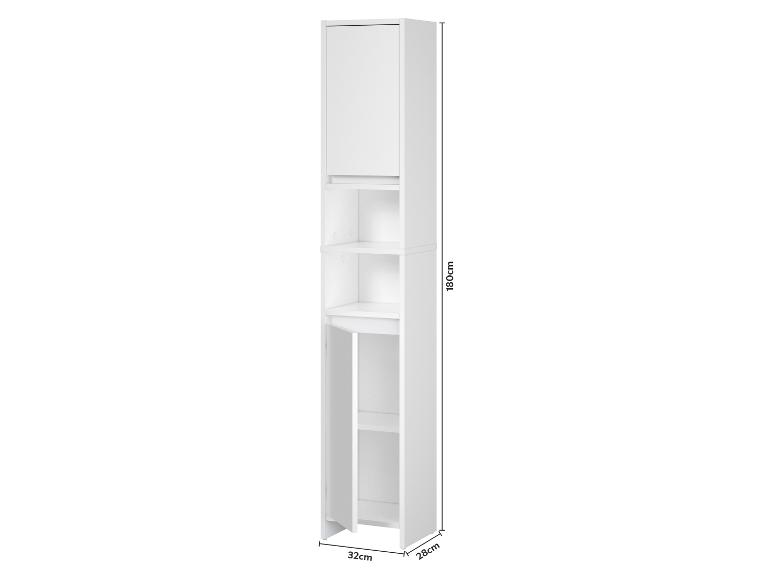 Weißer Badezimmerschrank mit offenen und geschlossenen Regalen, 180x32x28cm.