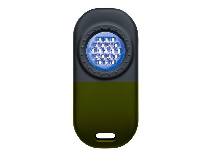 Kompakte UV-LED-Taschenlampe mit dunkelgrünem und schwarzem Gehäuse.