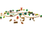 Holzspielzeug-Eisenbahnset mit Bauernhoftieren, Fahrzeugen, Gebäuden und Bäumen.
