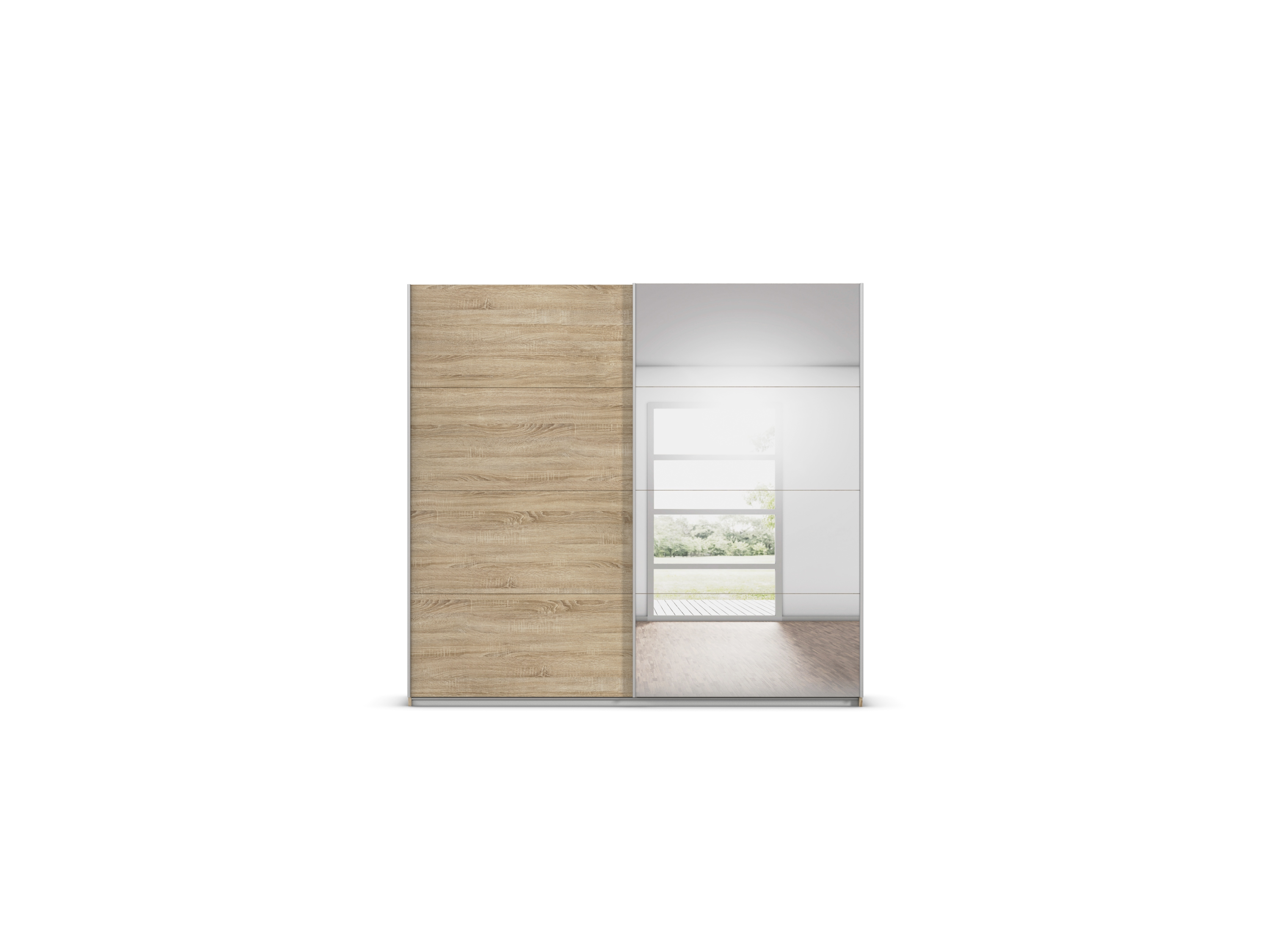 Thumbnail - rauch ORANGE Quadra Schwebetürenschrank mit Spiegelelementen (Deluxe-Ausstattung, Korpus: Eiche, Breite: 226cm/Höhe: 210...