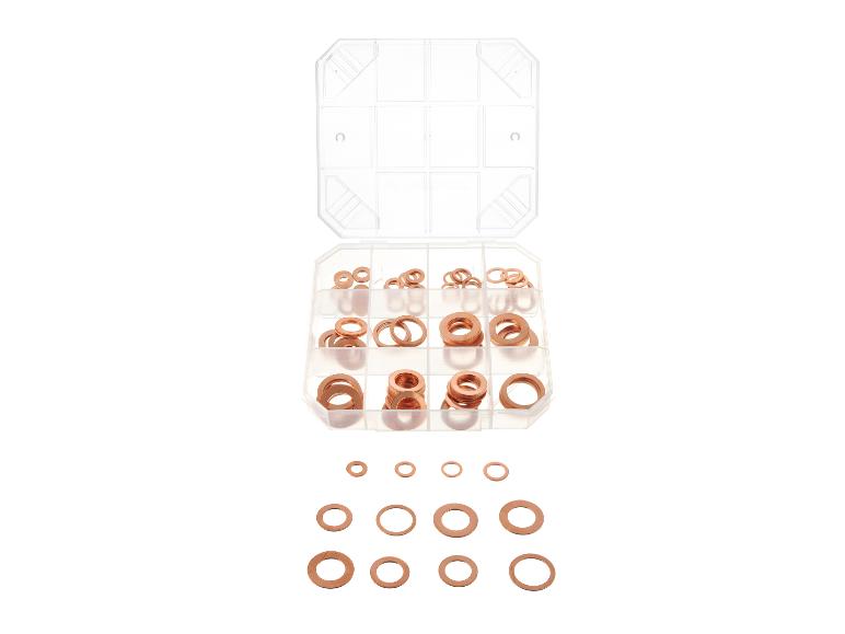 Kupferscheiben in verschiedenen Größen, aufbewahrt in einer transparenten Organizer-Box.