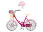 Ein rosa Fahrrad mit einem Blumenkorb und einem rosafarbenen Helm.