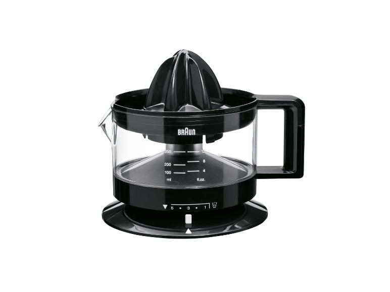 Schwarze Zitruspresse mit transparentem Messbecher und Griff.
