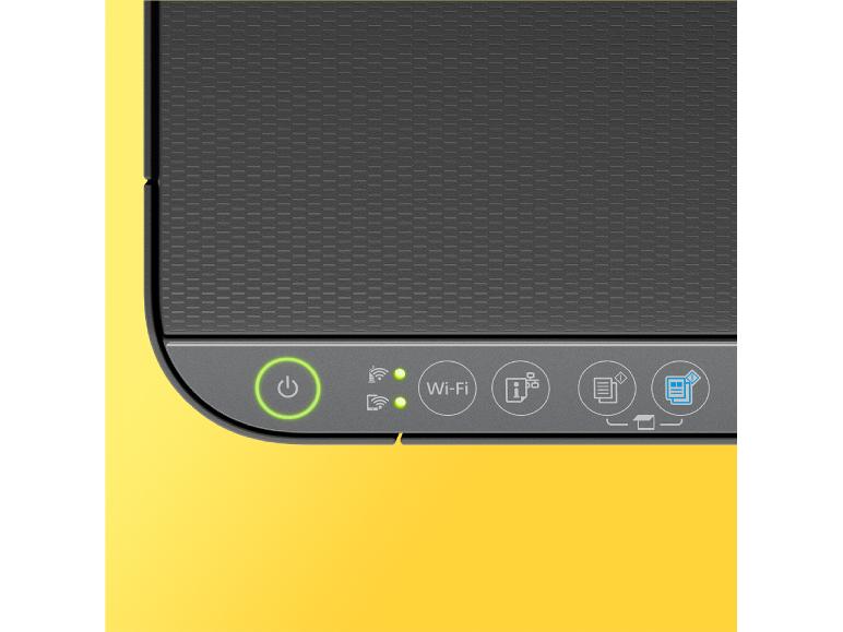 Drucker-Bedienfeld mit Ein-/Aus-Taste, Wi-Fi und anderen Anzeigen.