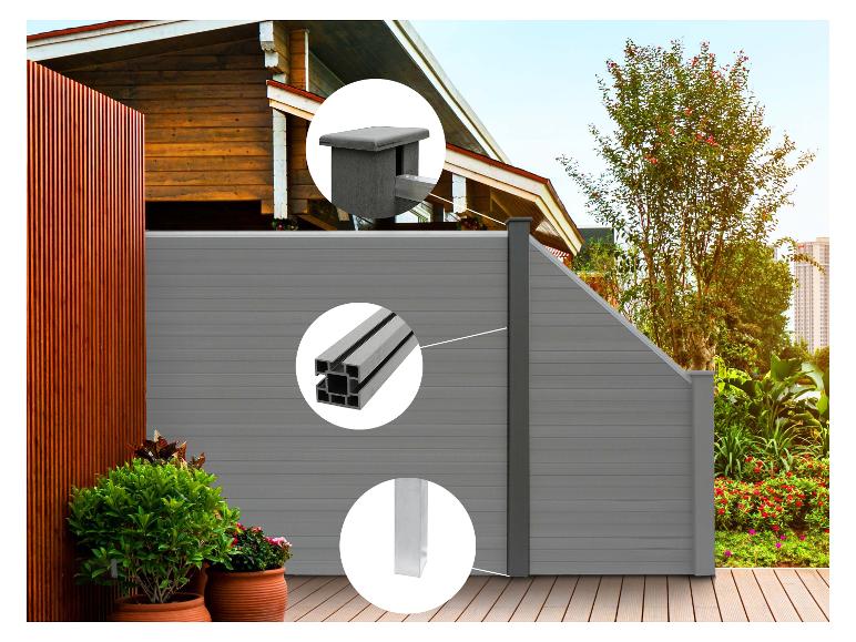 Grauer Gartenzaun mit Holzverkleidung und Konstruktionsdetails.